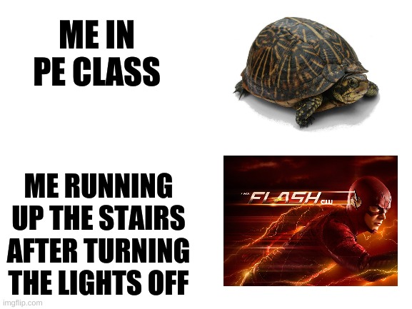 SPeD |  ME IN PE CLASS; ME RUNNING UP THE STAIRS AFTER TURNING THE LIGHTS OFF | image tagged in blank white template,the flash,turtle,speed,sports,run | made w/ Imgflip meme maker