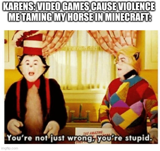 You're not just wrong your stupid | KARENS: VIDEO GAMES CAUSE VIOLENCE 
ME TAMING MY HORSE IN MINECRAFT: | image tagged in you're not just wrong your stupid | made w/ Imgflip meme maker