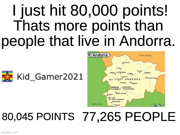 Thanks to all of you. I have made it to 80k (and no offence to any people from Andorra) | I just hit 80,000 points! Thats more points than people that live in Andorra. 77,265 PEOPLE; 80,045 POINTS | image tagged in blank white template,thank you,thank you everyone,fun,happy | made w/ Imgflip meme maker