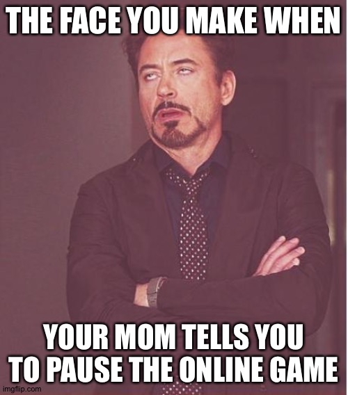 Face You Make Robert Downey Jr Meme | THE FACE YOU MAKE WHEN; YOUR MOM TELLS YOU TO PAUSE THE ONLINE GAME | image tagged in memes,face you make robert downey jr | made w/ Imgflip meme maker