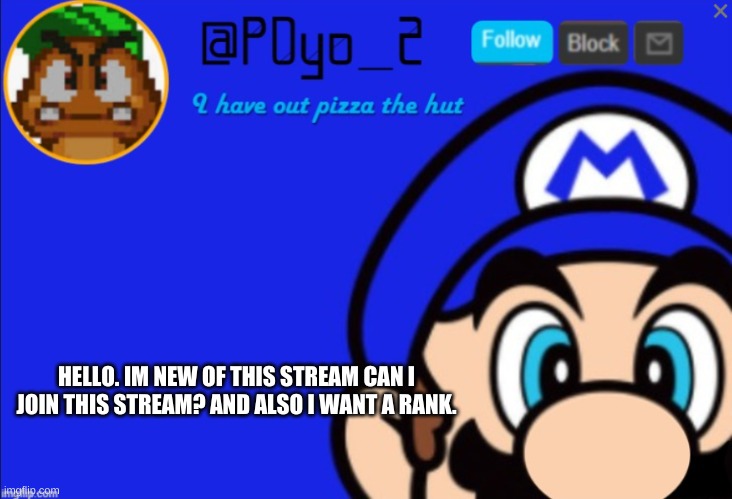 p0yo_2 tempo ( camel made this ) | HELLO. IM NEW OF THIS STREAM CAN I JOIN THIS STREAM? AND ALSO I WANT A RANK. | image tagged in p0yo_2 tempo camel made this | made w/ Imgflip meme maker