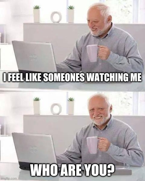 Hide the Pain Harold Meme | I FEEL LIKE SOMEONES WATCHING ME; WHO ARE YOU? | image tagged in memes,hide the pain harold | made w/ Imgflip meme maker
