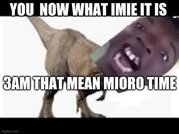 Nigersaurus | YOU  NOW WHAT IMIE IT IS; 3AM THAT MEAN MIORO TIME | image tagged in nigersaurus | made w/ Imgflip meme maker