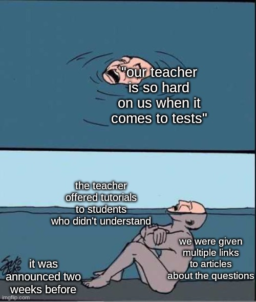 school be like | "our teacher is so hard on us when it comes to tests"; the teacher offered tutorials to students who didn't understand; we were given multiple links to articles about the questions; it was announced two weeks before | image tagged in crying guy drowning | made w/ Imgflip meme maker