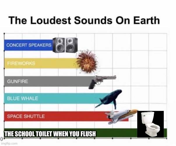 bruh for real though | THE SCHOOL TOILET WHEN YOU FLUSH | image tagged in the loudest sounds on earth | made w/ Imgflip meme maker