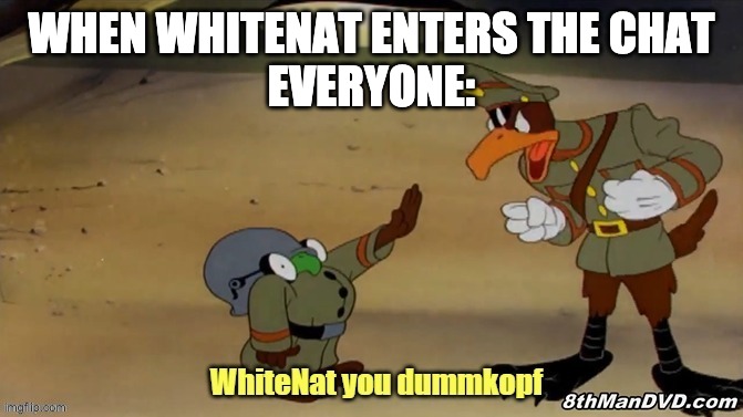 whitenat you dummkopf | WHEN WHITENAT ENTERS THE CHAT
EVERYONE: | image tagged in whitenat you dummkopf | made w/ Imgflip meme maker