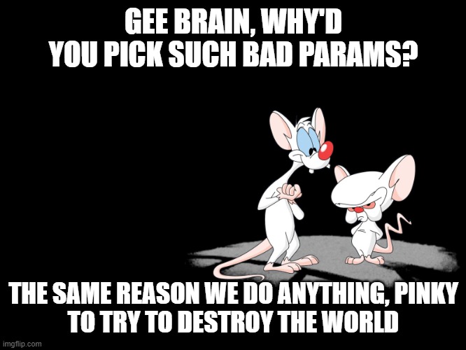 Pinky And The Brain | GEE BRAIN, WHY'D YOU PICK SUCH BAD PARAMS? THE SAME REASON WE DO ANYTHING, PINKY
TO TRY TO DESTROY THE WORLD | image tagged in pinky and the brain | made w/ Imgflip meme maker