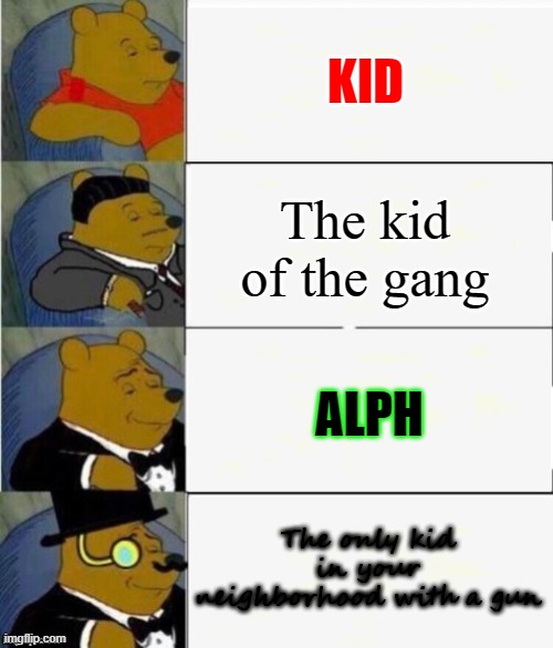 Alph has a gun? But he's a kid. | KID; The kid of the gang; ALPH; The only kid in your neighborhood with a gun | image tagged in tuxedo winnie the pooh 4 panel,kid,pikmin,alph,gun | made w/ Imgflip meme maker