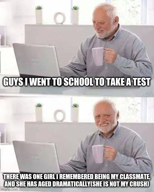 Time passes | GUYS I WENT TO SCHOOL TO TAKE A TEST; THERE WAS ONE GIRL I REMEMBERED BEING MY CLASSMATE, AND SHE HAS AGED DRAMATICALLY(SHE IS NOT MY CRUSH) | image tagged in memes,hide the pain harold | made w/ Imgflip meme maker