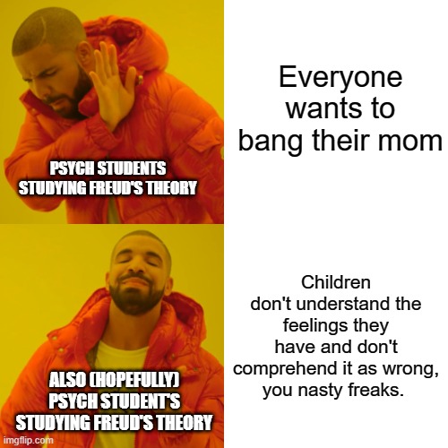 Psychology Memes | Everyone wants to bang their mom; PSYCH STUDENTS STUDYING FREUD'S THEORY; Children don't understand the feelings they have and don't comprehend it as wrong, you nasty freaks. ALSO (HOPEFULLY) PSYCH STUDENT'S STUDYING FREUD'S THEORY | image tagged in memes,drake hotline bling | made w/ Imgflip meme maker