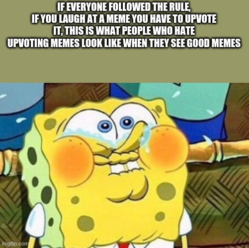 Spongebob Try Not to Laugh | IF EVERYONE FOLLOWED THE RULE, IF YOU LAUGH AT A MEME YOU HAVE TO UPVOTE IT, THIS IS WHAT PEOPLE WHO HATE UPVOTING MEMES LOOK LIKE WHEN THEY SEE GOOD MEMES | image tagged in spongebob try not to laugh | made w/ Imgflip meme maker