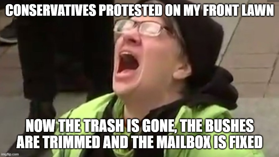 They must have been white supremacists.... | CONSERVATIVES PROTESTED ON MY FRONT LAWN; NOW THE TRASH IS GONE, THE BUSHES ARE TRIMMED AND THE MAILBOX IS FIXED | image tagged in screaming liberal,conservatives,liberal hypocrisy,white supremacy,politics,funny memes | made w/ Imgflip meme maker