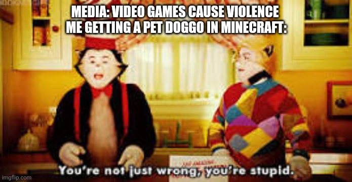 Your not just wrong your stupid | MEDIA: VIDEO GAMES CAUSE VIOLENCE 
ME GETTING A PET DOGGO IN MINECRAFT: | image tagged in your not just wrong your stupid | made w/ Imgflip meme maker