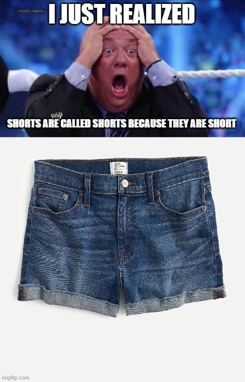 OH MY GOD |  I JUST REALIZED; SHORTS ARE CALLED SHORTS BECAUSE THEY ARE SHORT | image tagged in oh my god | made w/ Imgflip meme maker