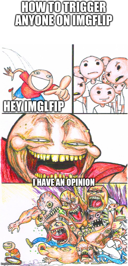 Hey Internet by Doug | HOW TO TRIGGER ANYONE ON IMGFLIP; HEY IMGLFIP; I HAVE AN OPINION | image tagged in hey internet by doug | made w/ Imgflip meme maker