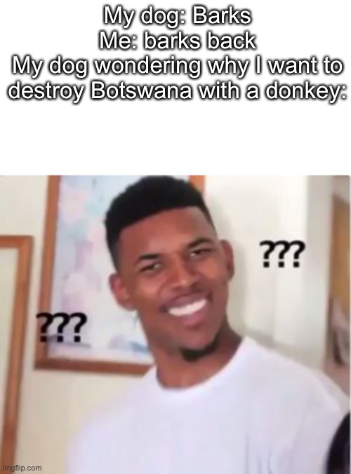 Pls put this in your video | My dog: Barks
Me: barks back
My dog wondering why I want to destroy Botswana with a donkey: | image tagged in nick young | made w/ Imgflip meme maker