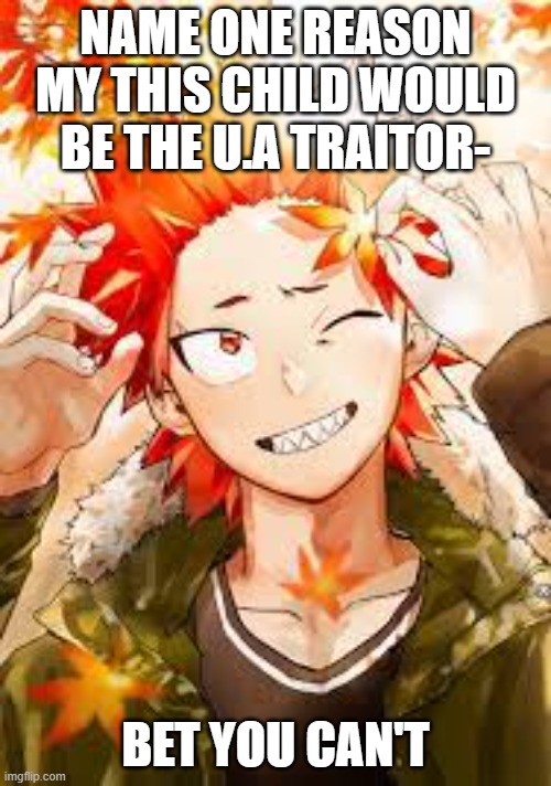 ONE REASON WHY- | NAME ONE REASON MY THIS CHILD WOULD BE THE U.A TRAITOR-; BET YOU CAN'T | image tagged in mha,anime | made w/ Imgflip meme maker