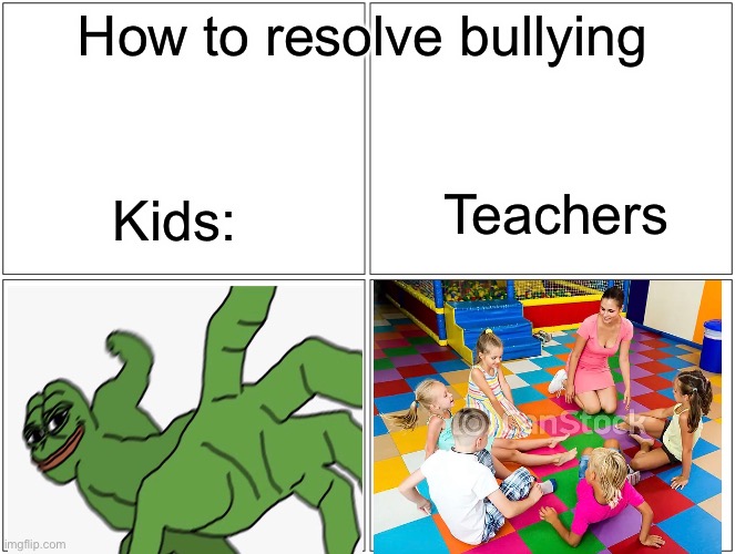 Blank Comic Panel 2x2 Meme | How to resolve bullying; Teachers; Kids: | image tagged in memes,blank comic panel 2x2,kids,bullying,teacher,bad teaching | made w/ Imgflip meme maker