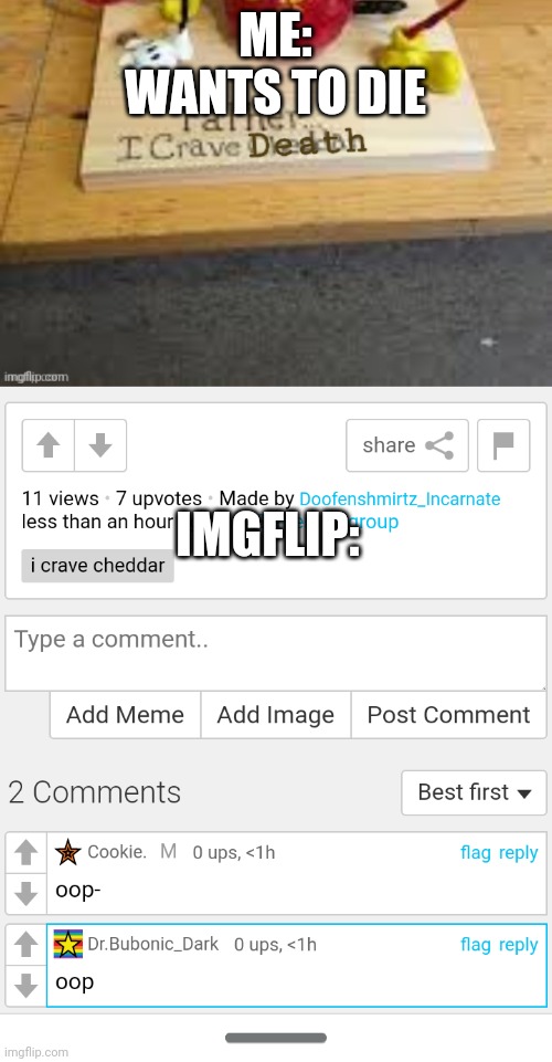 E | ME: WANTS TO DIE; IMGFLIP: | image tagged in e | made w/ Imgflip meme maker
