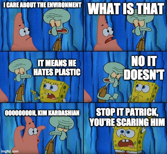 Stop it, Patrick! You're Scaring Him! | I CARE ABOUT THE ENVIRONMENT; WHAT IS THAT; NO IT DOESN'T; IT MEANS HE HATES PLASTIC; OOOOOOOOH, KIM KARDASHIAN; STOP IT PATRICK, YOU'RE SCARING HIM | image tagged in stop it patrick you're scaring him | made w/ Imgflip meme maker