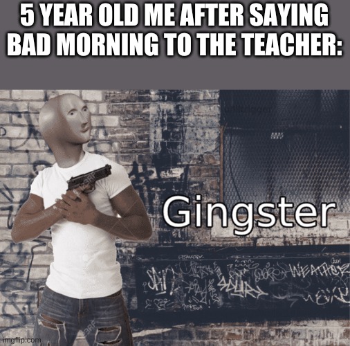 Gingster | 5 YEAR OLD ME AFTER SAYING BAD MORNING TO THE TEACHER: | image tagged in gingster | made w/ Imgflip meme maker