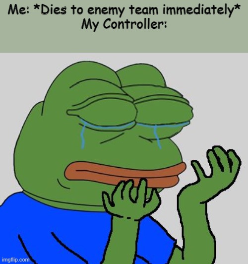 Looks like you're going to the floor Controller |  Me: *Dies to enemy team immediately*
My Controller: | image tagged in pepe cry | made w/ Imgflip meme maker