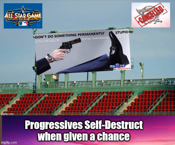Major League Baseball progressing backwards... | Progressives Self-Destruct when given a chance | image tagged in doing it to yourself,mlb,cancel culture,world series | made w/ Imgflip meme maker