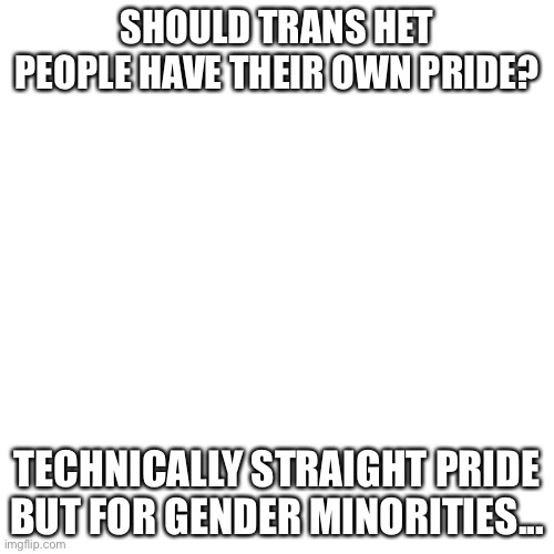 hm? | SHOULD TRANS HET PEOPLE HAVE THEIR OWN PRIDE? TECHNICALLY STRAIGHT PRIDE BUT FOR GENDER MINORITIES... | image tagged in memes,blank transparent square | made w/ Imgflip meme maker