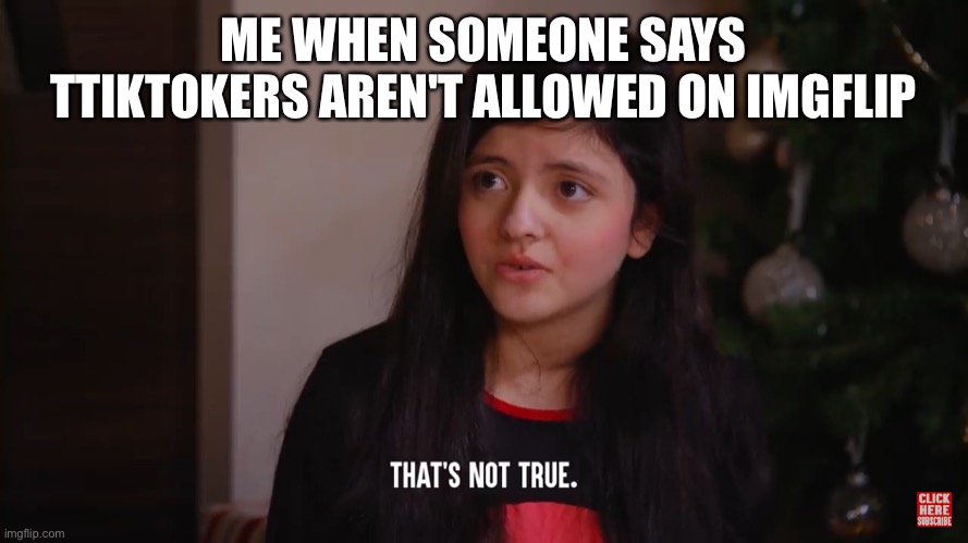 That's not true | ME WHEN SOMEONE SAYS TTIKTOKERS AREN'T ALLOWED ON IMGFLIP | image tagged in that's not true | made w/ Imgflip meme maker