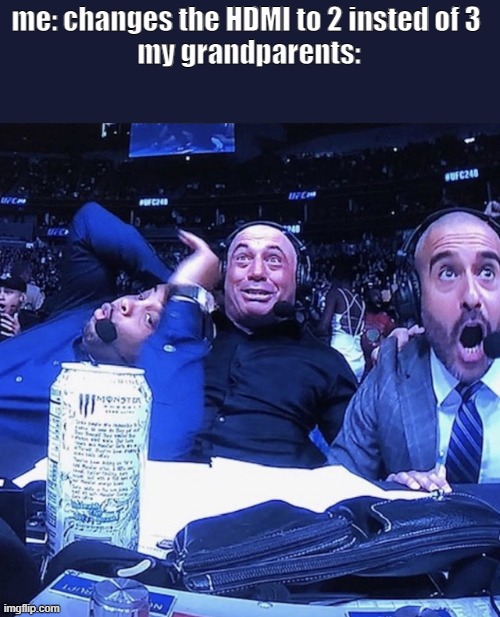 UFC flip out | me: changes the HDMI to 2 insted of 3 
my grandparents: | image tagged in ufc flip out | made w/ Imgflip meme maker
