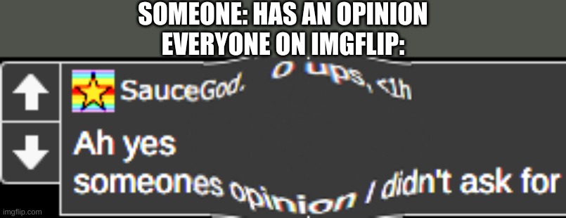 Someone's opinion i did not ask for | SOMEONE: HAS AN OPINION
EVERYONE ON IMGFLIP: | image tagged in someone's opinion i did not ask for | made w/ Imgflip meme maker