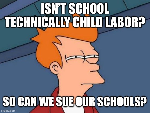 Heh | ISN’T SCHOOL TECHNICALLY CHILD LABOR? SO CAN WE SUE OUR SCHOOLS? | image tagged in memes,futurama fry,funny memes,school | made w/ Imgflip meme maker