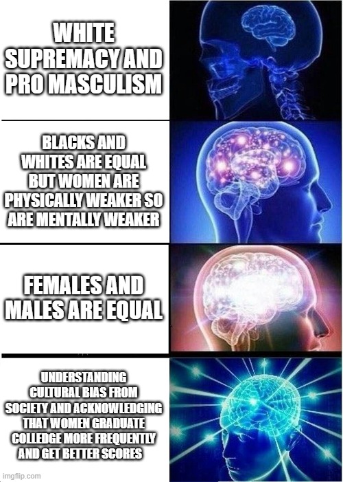 WHITE SUPREMACY AND PRO MASCULISM BLACKS AND WHITES ARE EQUAL BUT WOMEN ARE PHYSICALLY WEAKER SO ARE MENTALLY WEAKER FEMALES AND MALES ARE E | image tagged in memes,expanding brain | made w/ Imgflip meme maker