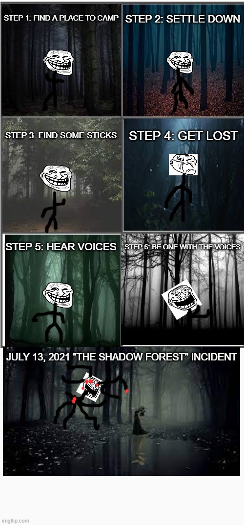 How to camp | STEP 1: FIND A PLACE TO CAMP; STEP 2: SETTLE DOWN; STEP 4: GET LOST; STEP 3: FIND SOME STICKS; STEP 6: BE ONE WITH THE VOICES; STEP 5: HEAR VOICES; JULY 13, 2021 "THE SHADOW FOREST" INCIDENT | image tagged in blank comic panel 2x3,a trollege comic,trollge incident | made w/ Imgflip meme maker