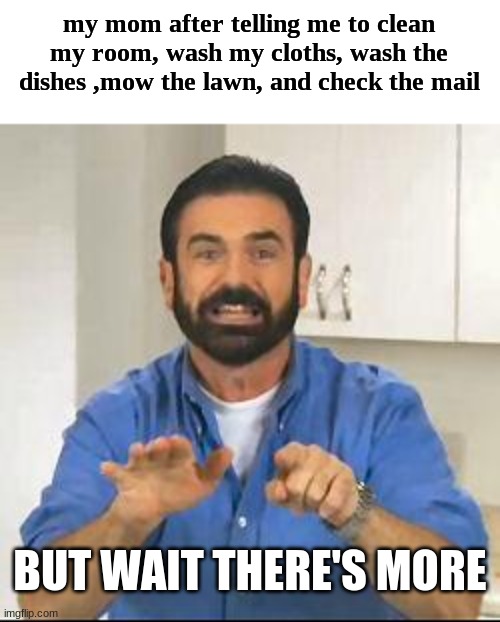 but wait there's more | my mom after telling me to clean my room, wash my cloths, wash the dishes ,mow the lawn, and check the mail; BUT WAIT THERE'S MORE | image tagged in but wait there's more | made w/ Imgflip meme maker