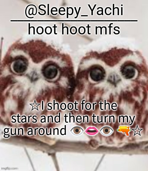 Yachi's owl temp | ☆I shoot for the stars and then turn my gun around 👁️👄👁️ 🔫☆ | image tagged in yachi's owl temp | made w/ Imgflip meme maker