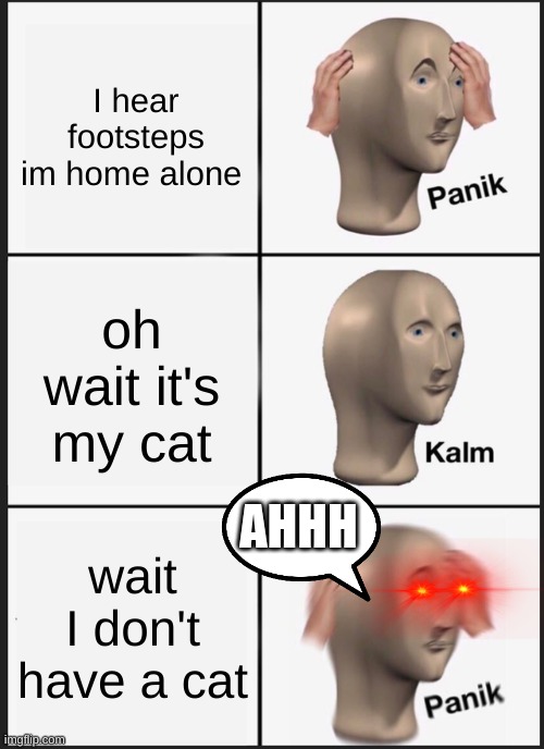 it actully happend but it was a prank from my mom | I hear footsteps im home alone; oh wait it's my cat; AHHH; wait I don't have a cat | image tagged in memes,panik kalm panik | made w/ Imgflip meme maker