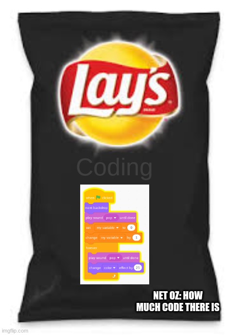 Lays Do Us A Flavor Blank Black | Coding; NET OZ: HOW MUCH CODE THERE IS | image tagged in lays do us a flavor blank black | made w/ Imgflip meme maker