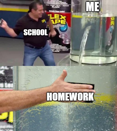 why school | ME; SCHOOL; HOMEWORK | image tagged in flex tape,homework,school | made w/ Imgflip meme maker