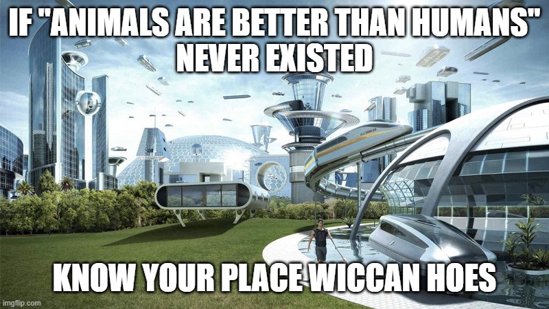 The future world if | IF "ANIMALS ARE BETTER THAN HUMANS"
NEVER EXISTED; KNOW YOUR PLACE WICCAN HOES | image tagged in the future world if | made w/ Imgflip meme maker