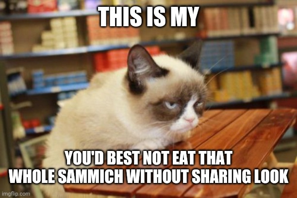 Grumpy Cat Table Meme | THIS IS MY; YOU'D BEST NOT EAT THAT WHOLE SAMMICH WITHOUT SHARING LOOK | image tagged in memes,grumpy cat table,grumpy cat | made w/ Imgflip meme maker