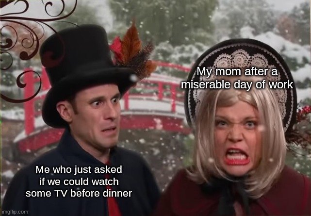 I got a Studio C meme for y'all today! | My mom after a miserable day of work; Me who just asked if we could watch some TV before dinner | image tagged in confused matt looking at angry mallory,studio c | made w/ Imgflip meme maker