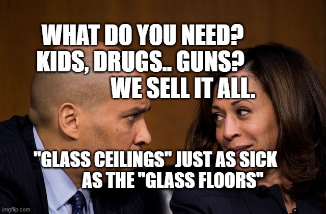 Corey Booker and Kamala Harris | WHAT DO YOU NEED?      KIDS, DRUGS.. GUNS?                     WE SELL IT ALL. "GLASS CEILINGS" JUST AS SICK            AS THE "GLASS FLOORS" | image tagged in corey booker and kamala harris | made w/ Imgflip meme maker