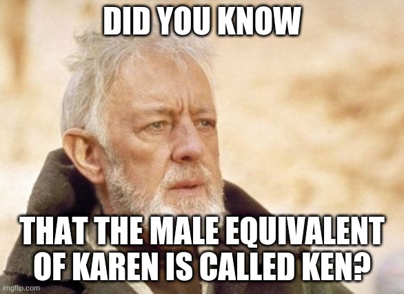 Ken | DID YOU KNOW; THAT THE MALE EQUIVALENT OF KAREN IS CALLED KEN? | image tagged in memes,obi wan kenobi,karen,did you know | made w/ Imgflip meme maker