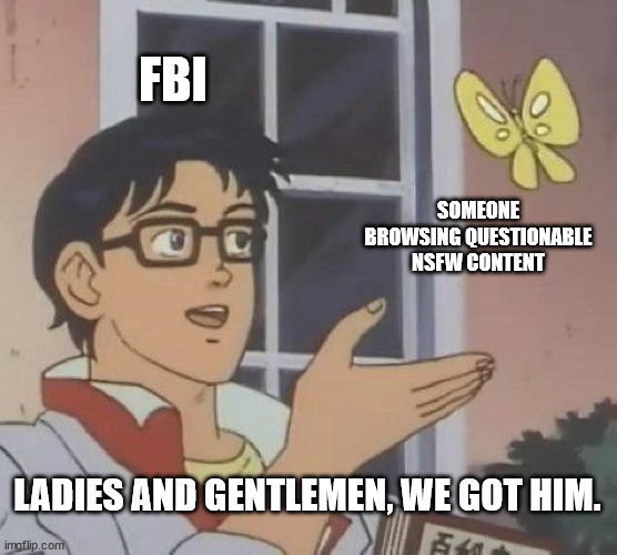 Just being random | FBI; SOMEONE BROWSING QUESTIONABLE NSFW CONTENT; LADIES AND GENTLEMEN, WE GOT HIM. | image tagged in memes,is this a pigeon | made w/ Imgflip meme maker