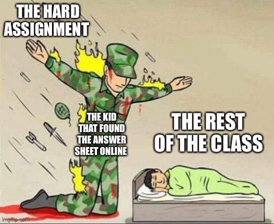 Soldier protecting sleeping child | THE HARD ASSIGNMENT; THE KID THAT FOUND THE ANSWER SHEET ONLINE; THE REST OF THE CLASS | image tagged in soldier protecting sleeping child | made w/ Imgflip meme maker