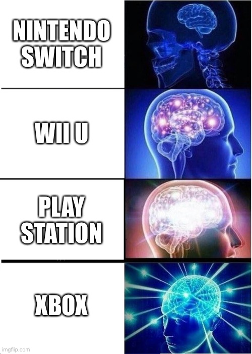 Consoles In order | NINTENDO SWITCH; WII U; PLAY STATION; XBOX | image tagged in memes,expanding brain | made w/ Imgflip meme maker