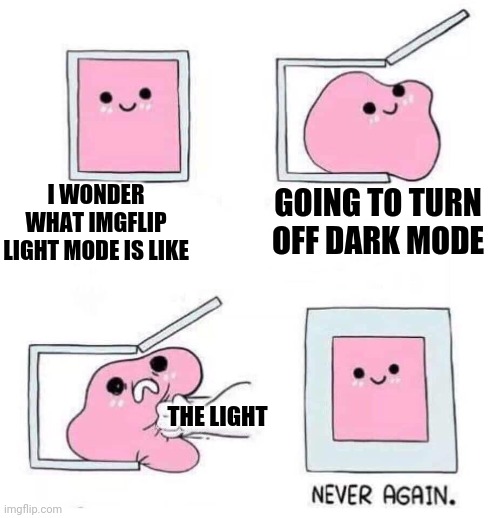 I will stay in dark mode thank you IMGFLIP | I WONDER WHAT IMGFLIP LIGHT MODE IS LIKE; GOING TO TURN OFF DARK MODE; THE LIGHT | image tagged in never again | made w/ Imgflip meme maker