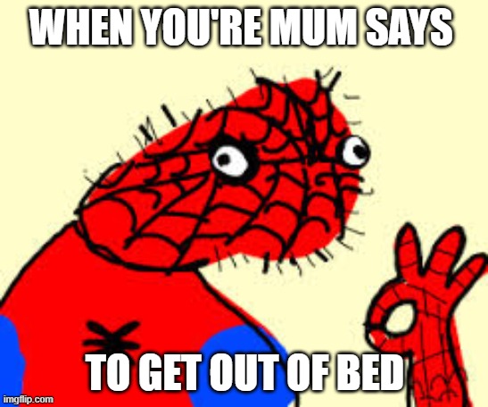 spooderman | WHEN YOU'RE MUM SAYS; TO GET OUT OF BED | image tagged in spiderman | made w/ Imgflip meme maker