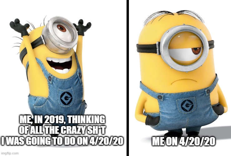 And I had SO much planned, too... | ME, IN 2019, THINKING OF ALL THE CRAZY SH*T I WAS GOING TO DO ON 4/20/20; ME ON 4/20/20 | image tagged in minion happy sad,420,happy 420,coronavirus | made w/ Imgflip meme maker
